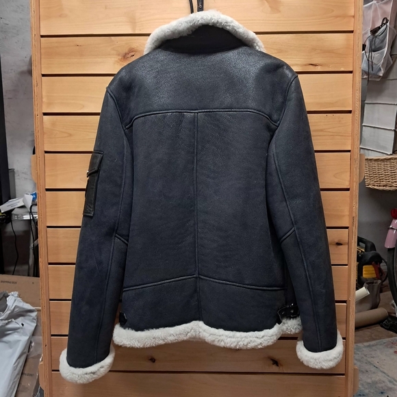 Leather Shearling Moto Bomber Jacket Size L - Picture 7 of 12